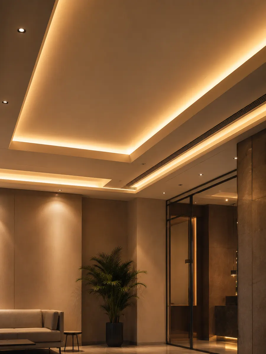 False Ceiling & Interior Work — POP, false ceilings, blinds, SS railing and interior finishing.