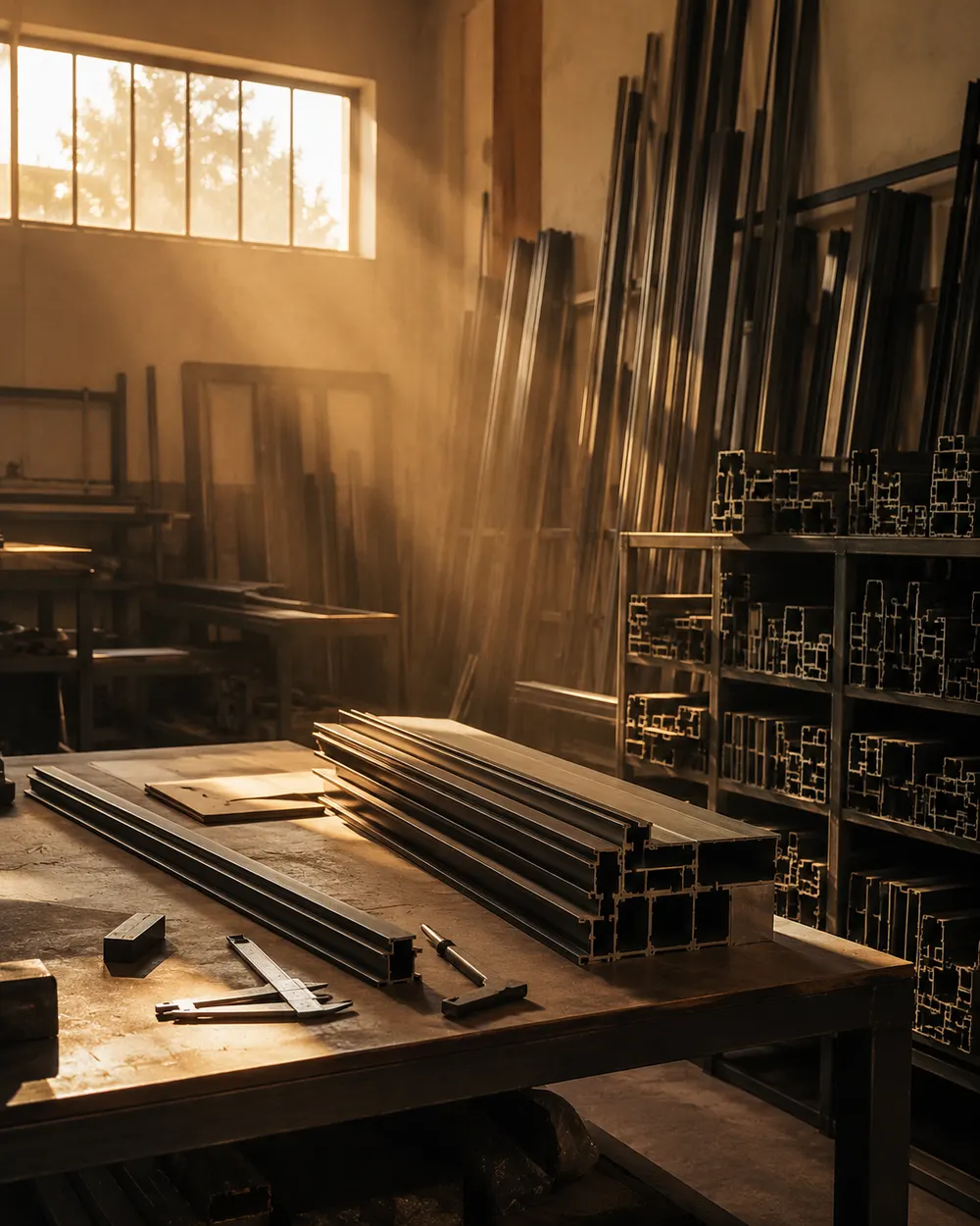 Aluminium sections and profiles stacked in the Aastha Enterprise workshop, golden-hour light through a high window